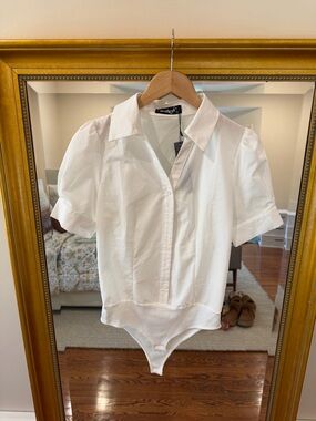 Allegra K White Collared Short-Sleeve Bodysuit